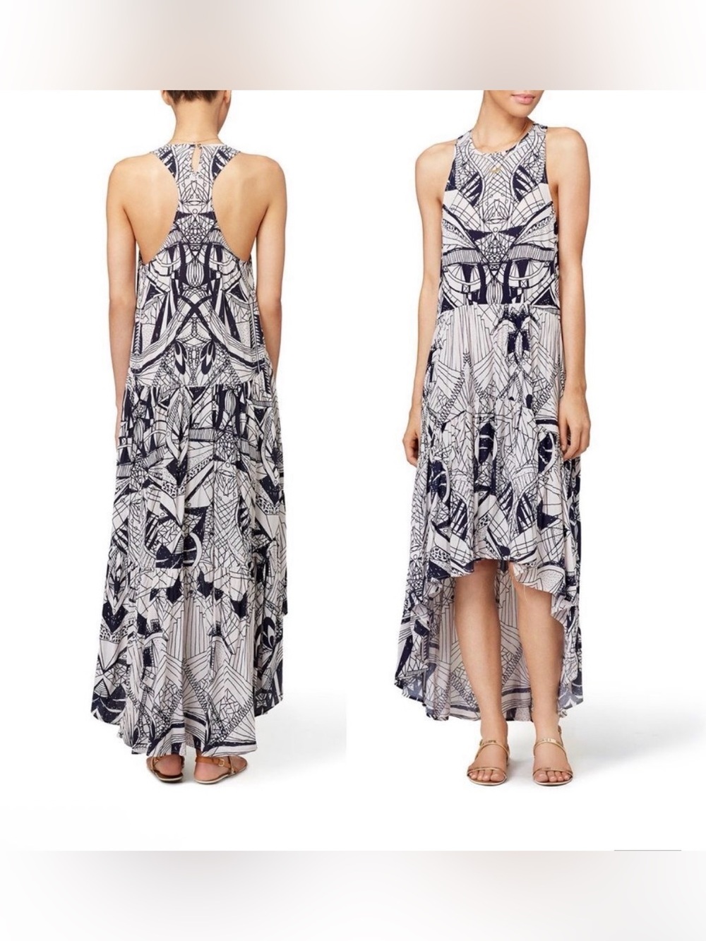 Free People!!! La Mar Maxi Dress Long Flowy Batik Print Black & Cream 🖤